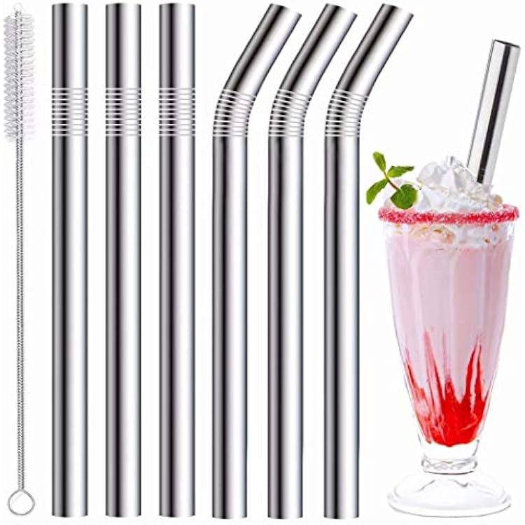 Vinaco Stainless Steel Smoothie Straws, 0.4 Extra Wide Reusable Metal Drinking Straws for Milkshake, Smoothie, Beverage, Set of 6 with 1 Cleaning Brush 3pcs 10.5 Bent |3pcs 8.5 Straight