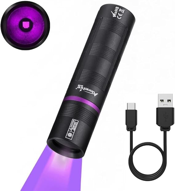 ALONEFIRE SV135 Mini 365nm UV Flashlight USB C Rechargeable Blacklight Woods Lamp Money Detector Black Light for Pet Urine Detetector, Minerals, Rocks, AC Leaks with Built-in Battery