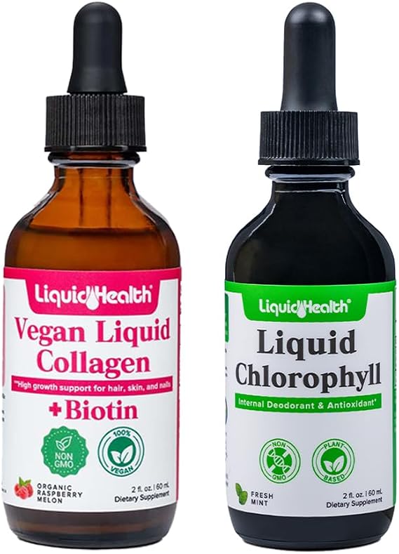 LIQUIDHEALTH Vegan Liquid Collagen Plus Biotin & Liquid Chlorophyll Dropper Bundle - Hair & Nail Growth, Skin Health, Internal Deodorizer, Stops Bad Breath, Reduces Appetite - USA Made, Vegan, Non-GMO