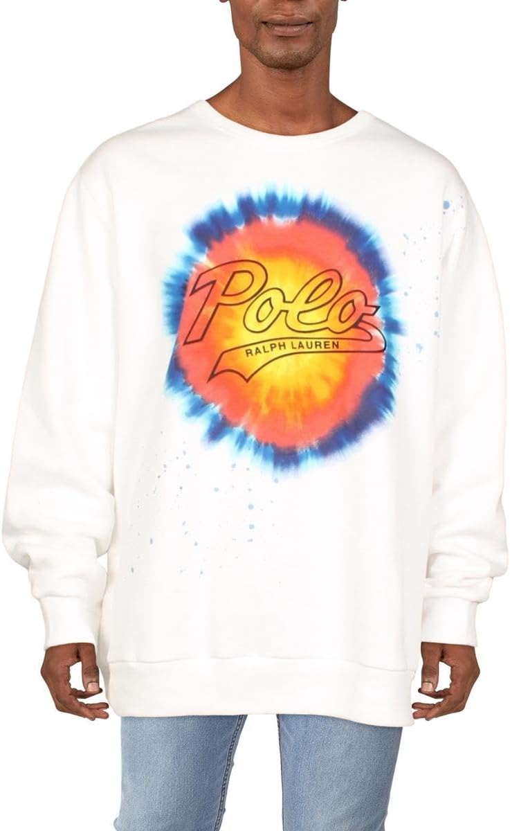 POLO RALPH LAUREN Men's Logo Tie-Dye-Print Long Sleeve Fleece Sweatshirt Wht