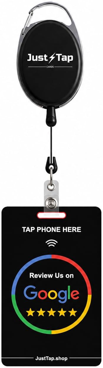 格納式GoogleレビューNFCタップカード ビジネス用 – NFC付きウェアラブルレビューバッジ – iPhone&Android用インスタントタップレビュー – オフィス、レストラン、トレードショー、ベンダーブース用の再利用可能なスマートNFCレビューカード – JustTap