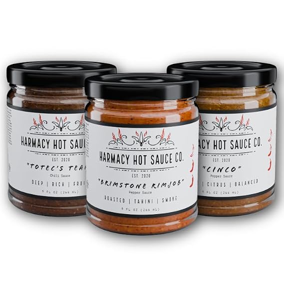 Multi Award-Winning Gourmet Hot Sauce Gift Set Best Sellers 3 Pack by Harmacy Hot Sauce Co. - 9oz Jars, Vegan, Gluten Free, Nut Free, Dairy Free, Soy Free