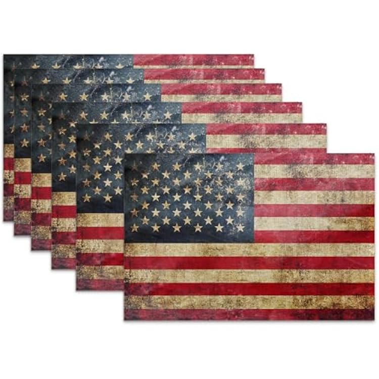 American Flag Placemats Set of 6,Retro Heat Resistant Table Mats Washable Place Mats for Party Kitchen Farmhouse Home Dining Holiday Decor 12x18 Inch