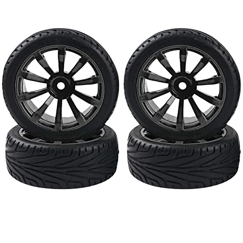 10-Spoke RC 12mm Hex Hub Wheel Rims & Rubber Tires Compatible with HSP Tamiya HPI Kyosho 110 On-Road Touring Car,WLtoys 114 144001 Traxxas 116 Slash RC 118 A959B Buggy Black