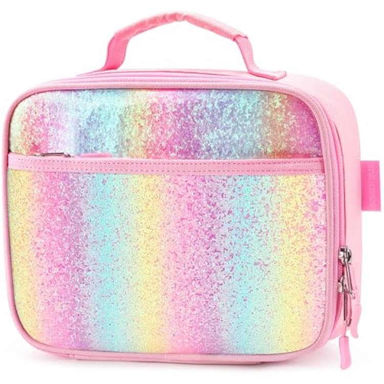 mibasies Kids Lunch Box for Girls Toddler, Insulated and Reusable Lunch Bag for School, Pink Blue Rainbow