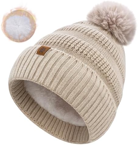 Winter Beanie Hats for Women with Faux Fur Pom Warm Cozy Knit Fleece Thermal Snow Ski Skull Cap for Cold Weather