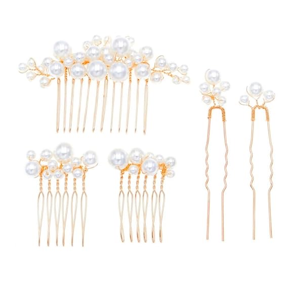 Pearl Hair Accessories Set, 3 Combs and 2 Hairpins, Rose Gold
