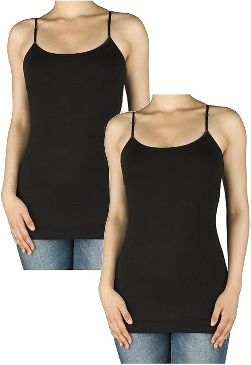 Fashiondio Women Basic Built in Inner Bra Extra Long Spaghetti Cami Adjustable (Small, Black, Black)