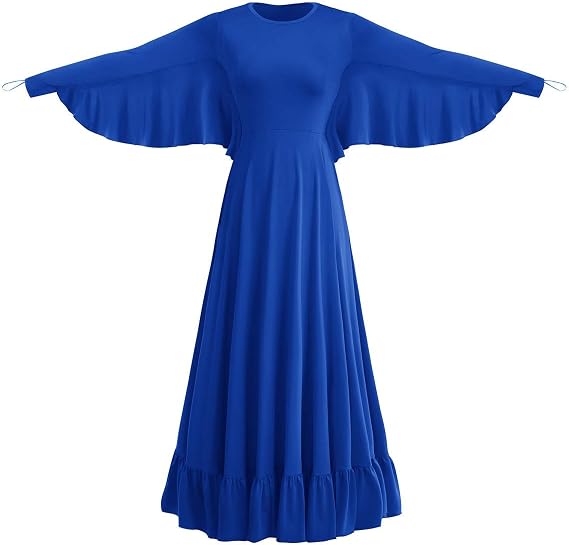 IMEKIS Women Angel Wings Praise Dance Dress Liturgical Dancewear Worship Costume Long Sleeve Church Robe Full Length Gowns