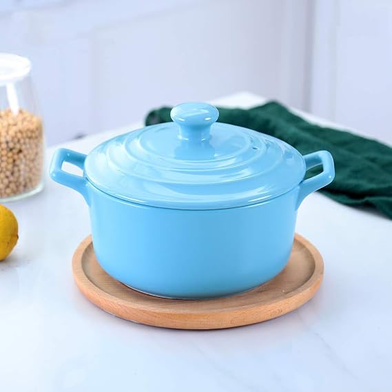 Round Ceramic Casserole Heat-Resistant earthen Pot Clay Pot Stock Pot with lid and Handle Pot (Blue 2.32Quart)