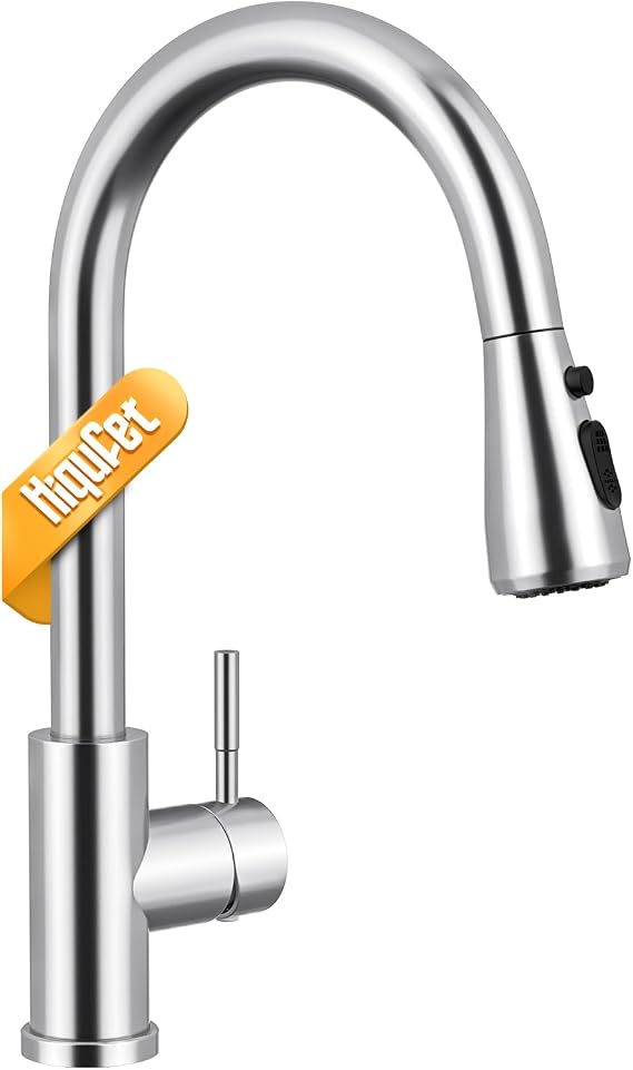 Hiqufet Kitchen Tap, Kitchen Mixer Taps with Pull Down Sprayer, Stainless Steel High Arc Single Handle Kitchen Sink Tap for Pot Filler, Polished Chrome