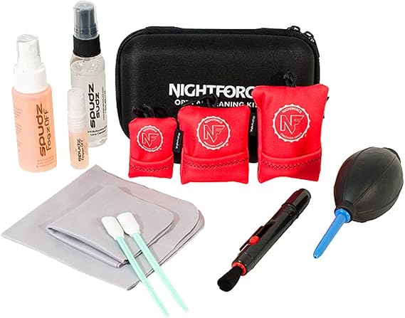 Nightforce Professional Optical Cleaning Kit | 12-Piece Bundle, Fob Cleaning Cloths, Cleaning & Anti-Fog Sprays, Lens Swabs, Dust Blower, Lens Brush (A431)