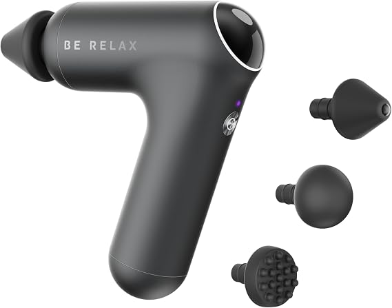 Be Relax New! Travel-Friendly Compact Cordless Percussion Massager. Customizable with Interchangeable Heads. Type C Charging. Adjustable Speed and Intensity. Portability.
