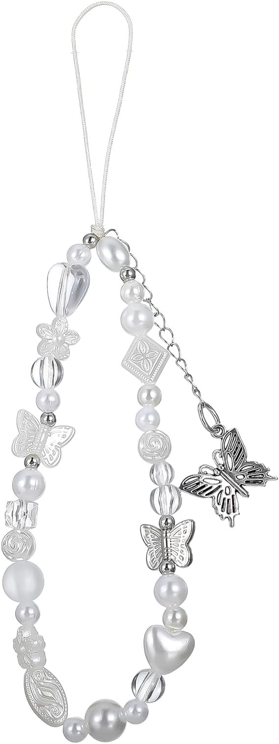 Camera Charm Strap Beaded Wrist Strap Butterfly Cellphone Lanyard Y2K Phone Charms Cute Pearl Digital Camera Charm Lanyard Aesthetic Phone Wrist Straps for Women Girls