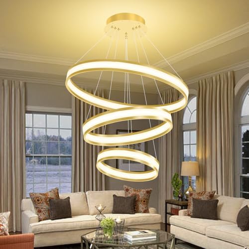 Modern Led Gold Ring Chandelier, Dimmable LED Acrylic Circle Pendant Lighting, Adjustable Chandelier for Dining Living Room Bedroom Kitchen 3 Rings, 90W, 31.523.615.7
