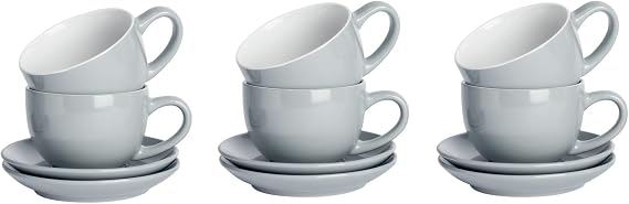 Argon Tableware Grey Cappuccino Cups with Saucers - Set of 6-250ml Dishwasher Safe Gloss Stoneware Cappuccino Cups and Saucer Set Coffee Mugs with Handle and Grooved Plate