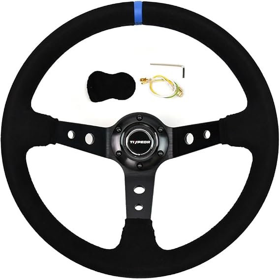Racing Adventure Car Steering Wheel 350mm 14" Black Suede Grip Aluminum Frame (3" Deep) Sports Drifting Reinforced Steering Wheel with Horn Button Blue Center Mark with Blue Stitching