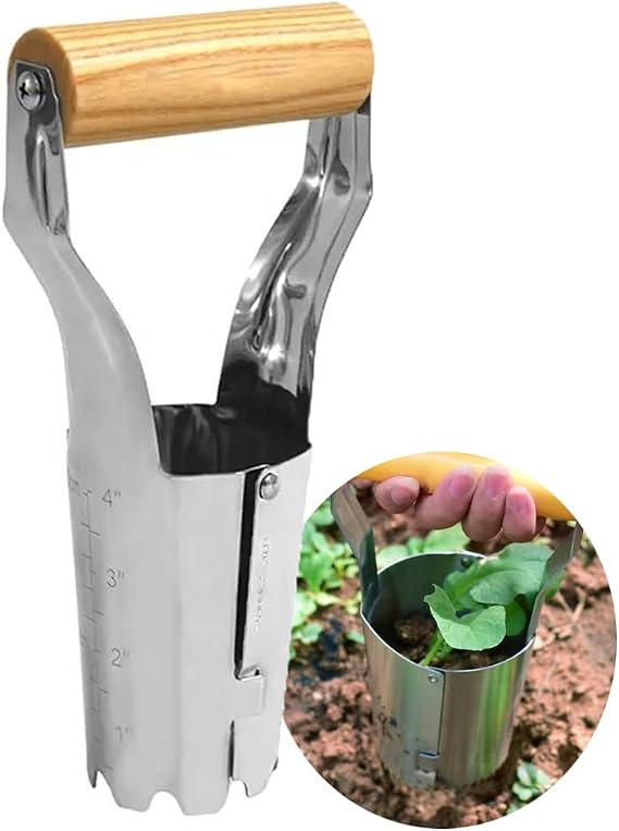 Bulb Planter Tool, 4 Inches Depth Mark Hand Bulb Planter, Non-Bending Stainless Steel Bulb Planter Digger, Garden Bulb Transplanter with Comfortable Grip Wooden Handle for Tulip and Daffodils