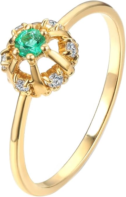 The Wedding Ring, Emerald Engagement Ring 9K Yellow Gold Flower Green Round Emerald with White Cubic-Zirconia for Women Engagement