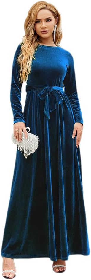 ABEHIK Women's Fall Dresses Long Sleeve Velvet Formal Maxi Dress with Belt Casual Cocktail Wedding Guest Party Long Dress