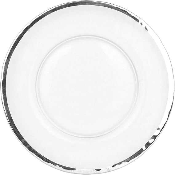 Koyal Wholesale Bulk Clear Glass Silver Rim Charger Plates, Set of 4, Silver Charger, Glass Hammered Charger