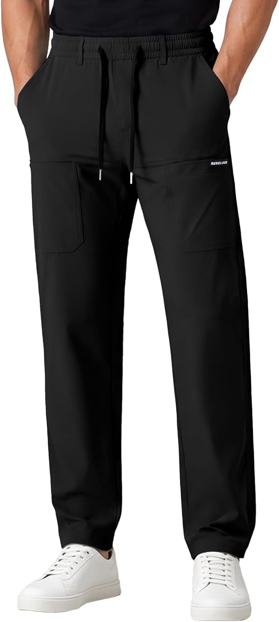 Susclude Mens Cargo Pants Slim Fit Drawsting Casual Multipants with Pockets | Lightweight Breathable, Stretch Elastic Waist, Quick Dry Comfy Trousers, Durable Multi Pocket, Work Office Leisure Lounge