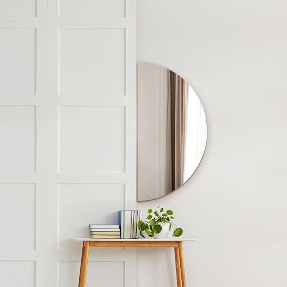MirrorOutlet The Lunae - Large Frameless Semi Circle Moon Wall Mirror 39" X 20" (100cm X 50cm) Silver Mirror Glass On A Black Backing.
