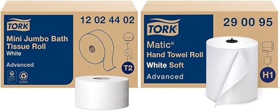 Tork Mini Jumbo Toilet Paper Roll White T2, Advanced (2-Ply) and Tork Matic Soft Hand Towel Roll, White, Advanced (1-Ply)