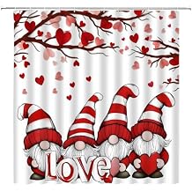 Valentine's Gnome Shower Curtain Romantic Love Red Heart Tree Sweetheart Girly Charming Women Spring Holiday Fabric Bathroom Decor Curtains with Hooks,70 x 70