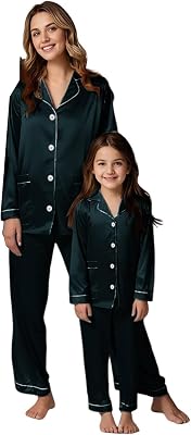 Mommy And Me Christmas Pajamas Family Pjs Matching Sets Button Down Shirt and Pants Silk Satin Jammies for Pictures