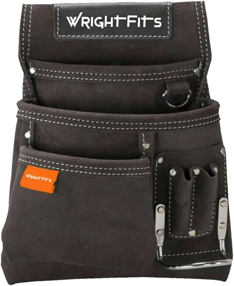 WrightFits Tool Pouches with Multi Pockets | Leather Tool Belt Pouch | Hammer Holder and Nail Pouch Organiser for Builders, Carpenters, Gardeners, Electricians- Dark Brown - WW180114