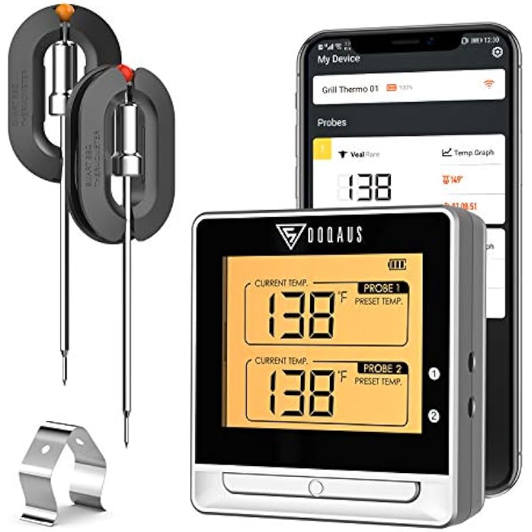 DOQAUS Bluetooth Meat Thermometer for Grilling, Wireless Meat Thermometer with 2 Probes, 197ft Remote BBQ Thermometer with Smart Kitchen Timer and Backlight for Smoker, Oven, Grilling, Turkey
