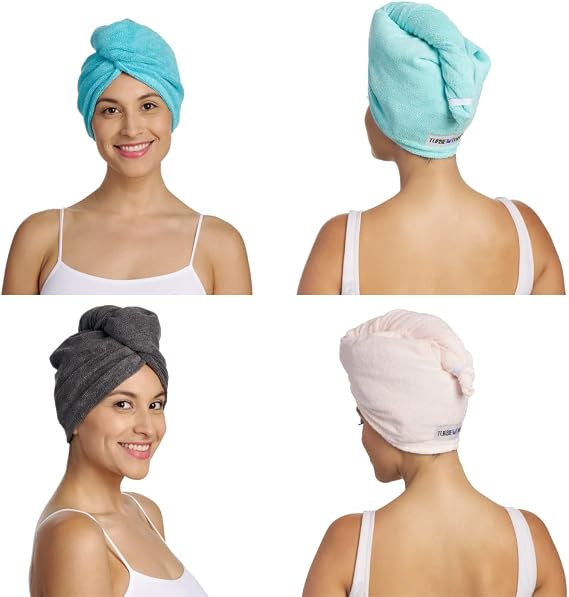Turbie Twist Microfiber Hair Towel Wrap - 4 Pack (Dark Aqua, Light Aqua, Grey, Light Pink) - Quick Dry, Anti-Frizz Hair Turban for Women, Men & Kids