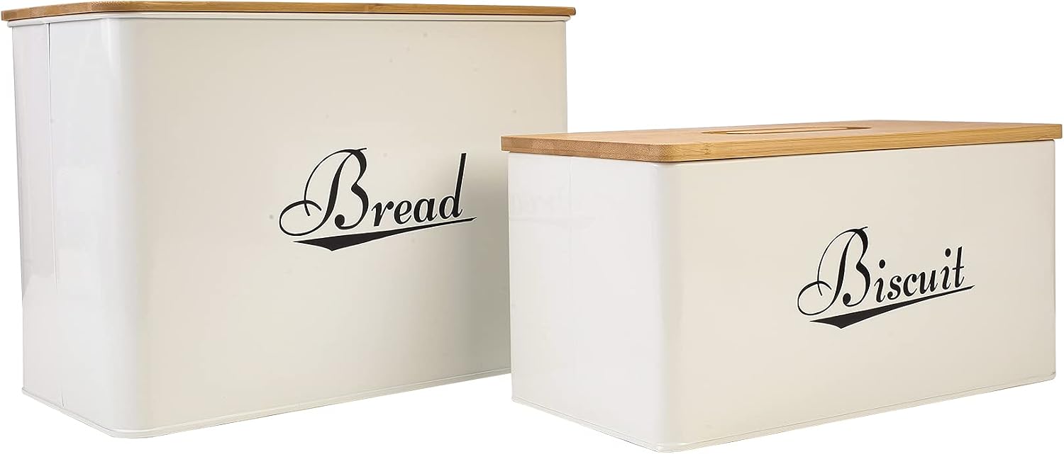 Bread Box & Biscuit Tin Set, Metal Storage Container with Bamboo Lid, Kitchen Counter Canister - Ideal for Storage Cookies, Crackers, Biscottiera, Bread, Croissant & Snack - White
