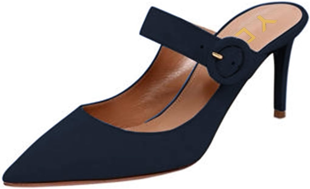 YDN Women Chic Slip On Slide Mules Pumps Backless Wide Strap Ankle Buckle High Stiletto Heels Pointed Toe Shoes Party Daily Wear Office Shoes