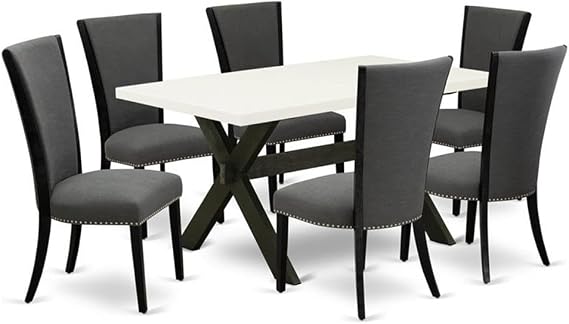 East West Furniture X-Style 7 Pieces Wood Dining Set in Black/White/Dark Gray