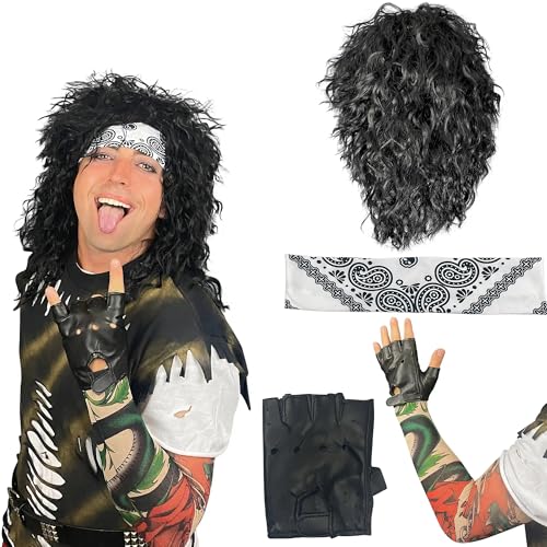 Watts Wigs 80s Rock Star Costume Men Black Wig with Headband, Tattoo Sleeve & Glove 80s Rocker Outfit for Men, Rockstar Wig, 1980s Costumes for Adults, Halloween Cosplay