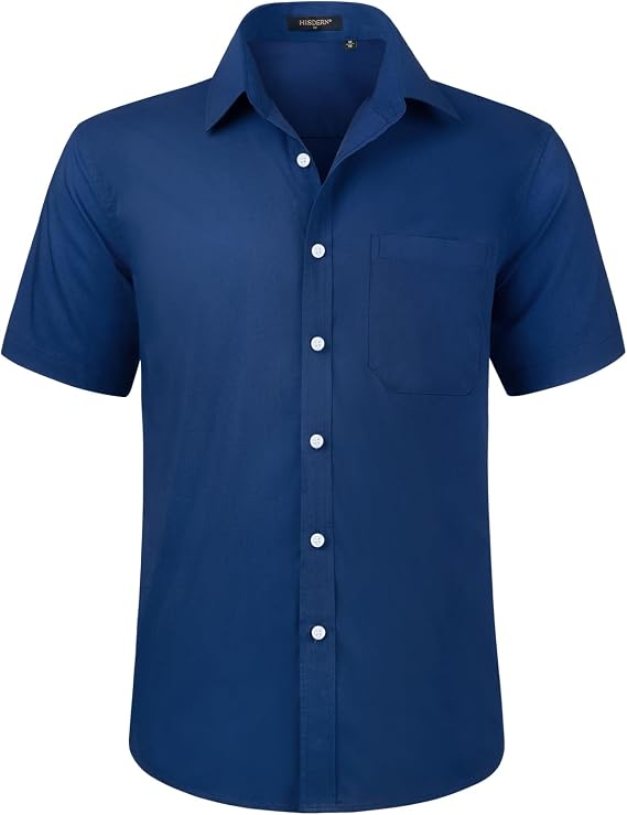 HISDERN Mens Dress Shirt Solid Color Short Sleeve Button Down Shirt S-4XL