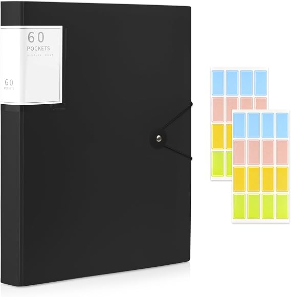 A4 Display Folder, 60 Pockets Display Book Folders, Presentation Folders with Plastic Sleeves & Safety Rope, Suitable for Documents, School, Office & Business Project Use (Black)