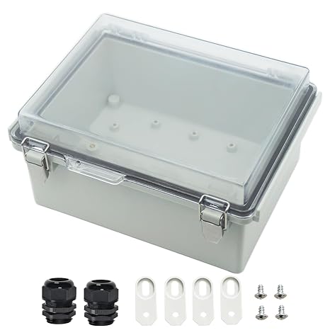 Zulkit Junction Box ABS Plastic Dustproof Waterproof IP67 Electrical Boxes Hinged Shell Outdoor Universal Project Enclosure Grey Clear Cover, Stainless Steel Buckles 8.7 x 6.7 x 4.3 Inch