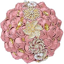 Bride Bridesmaid Golden Rhinestone Pearl Church Wedding Handmade Bouquet Holding Flower Multi-Color Cheerfully(Nude Pink,18cm Diameter)