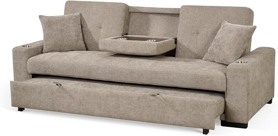 3 Seater Pull Out Sofa Bed Double with Cup Holders CHARLES - Beige Click Clack Sofa Bed for Adults in Durable Textured Chenille Fabric with Drop Table and Accent Pillows, 184 x 160 Sleeping Area
