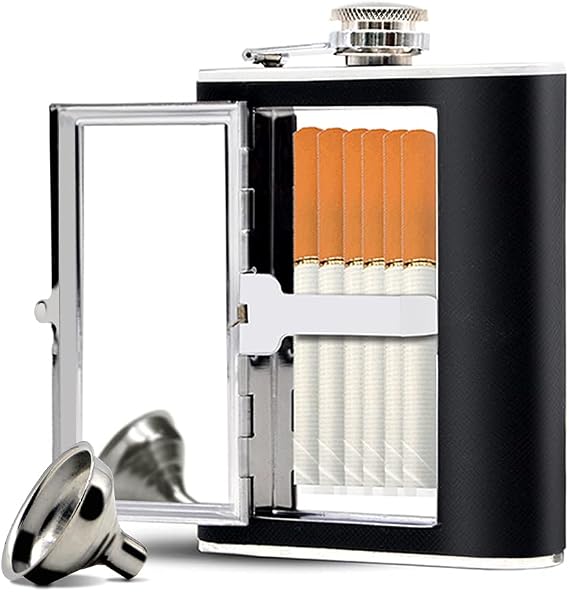 Stainless Steel Flask, Leak-proof Pocket Hidden Flasks with Built-in Cigarette Case and Leather Wrapped Cover, Black Hip Flask and Mini Funnel Set for Liquor for Men and Women