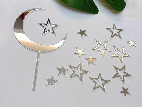 Set of 15pcs Moon and Hollow Stars Acrylic Cake Topper Set for Celestial Birthday Wedding Baby Shower Engagement Anniversary (Silver)