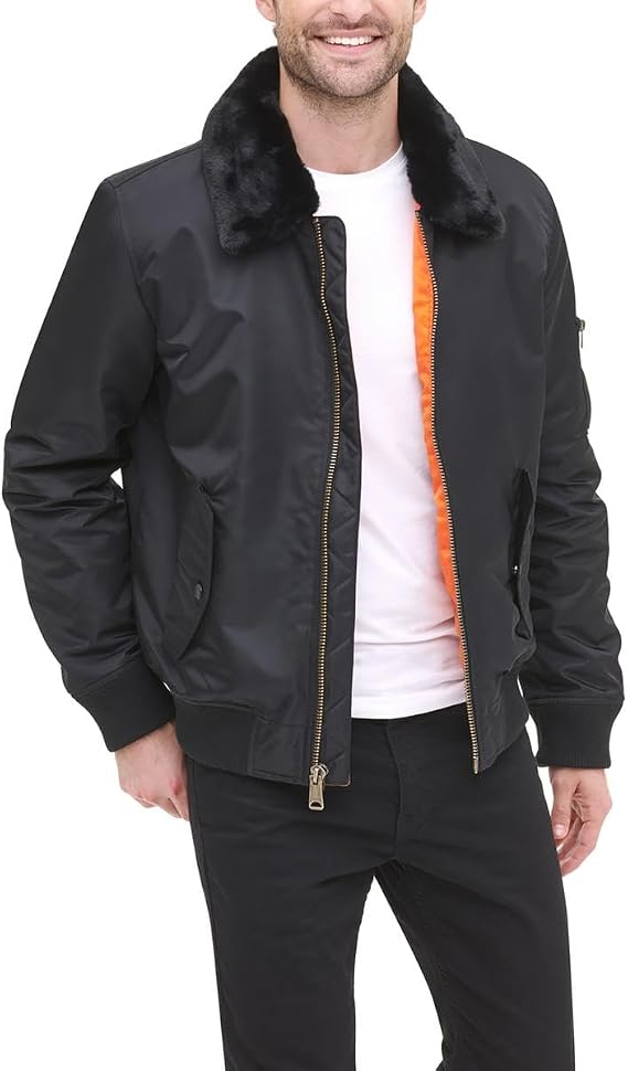 Tommy Hilfiger Men's Laydown Officer Jacket with Removable Pile Collar, Black w. Flag Patch, X-Large