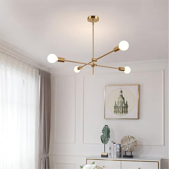 Modo Lighting Sputnik Chandelier 4-Light Golden Pendant Lighting Mid-Century Modern Ceiling Light Fixture for Kitchen Dining Room Living Room (4-Lights)