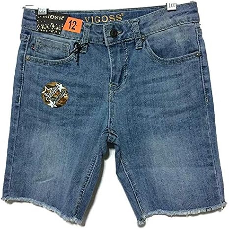 VIGOSS Girl's Stretch Denim Shorts with Adjustable Waistband (14, Light Wash Denim)