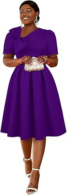 AOMEI Womens Casual Short Sleeve Church Dress Sweet Bow Asymmetric Neck A Line Midi Dress