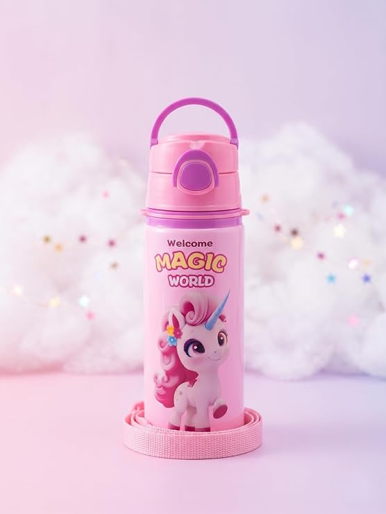 Unicorn Tasarımlı Paslanmaz Çelik Çocuk Su Matarası | Pipetli, Askılı ve Sızdırmaz Kreş/Okul Suluğu (Pembe)