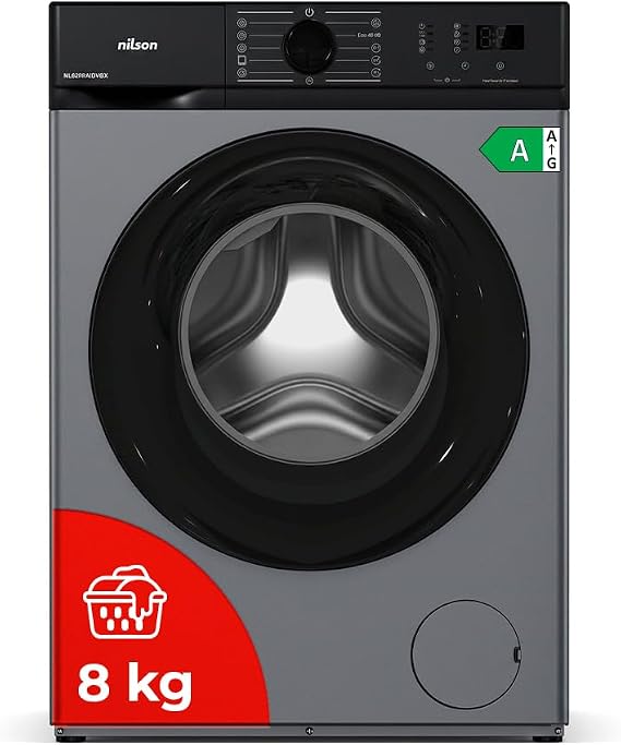 Nilson Lavadora 8Kg Carga Frontal Inox NL8200AIDVBX. 1200 rpm, Motor Inverter, 15 Programas, Eco-logic System, Tambor Acero Inoxidable, Clase de Eficiencia Energética A [Clase de eficiencia energética A]
